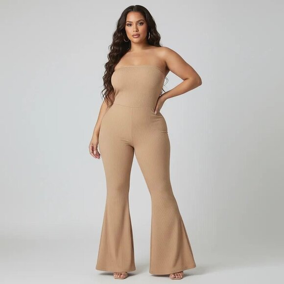 Fashion Nova Pants - Fashion Nova Beige Bandeau Top Corset-Style Back Flare Leg Jumpsuit Size Large